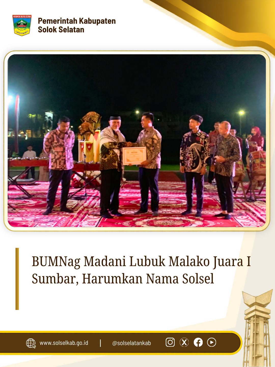 Penyerahan Piagam BUMNag Madani Lubuk Malako Juara I Tingkat Sumatera Barat
